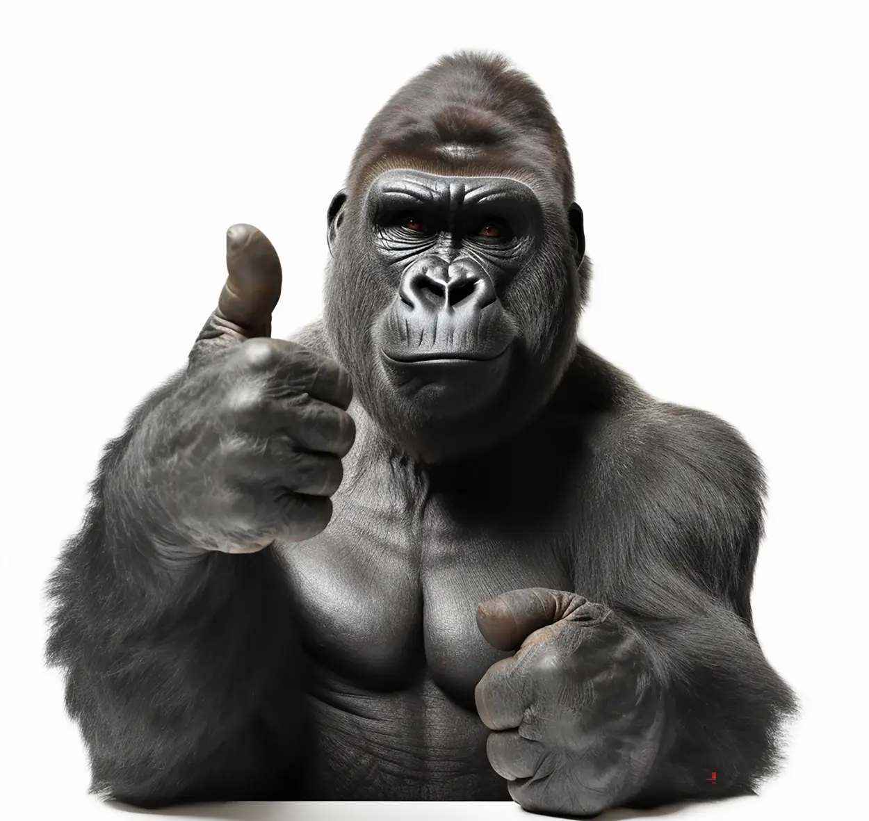 Mascote da Kong Media: um gorila fazendo sinal de positivo com o polegar.