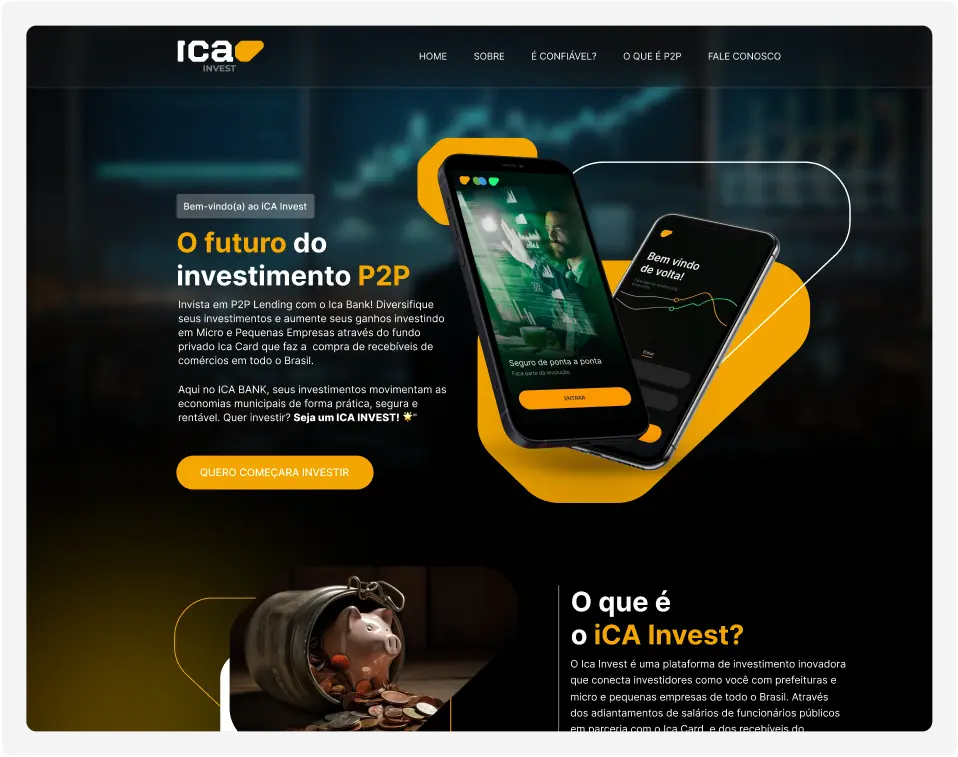 Landing page da iCA Invest, plataforma de investimento P2P, entregue pela Kong Media.