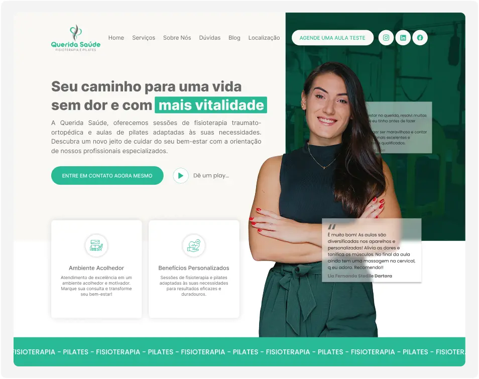 Site institucional da Querida Saúde, clínica de fisioterapia e pilates, entregue pela Kong Media.